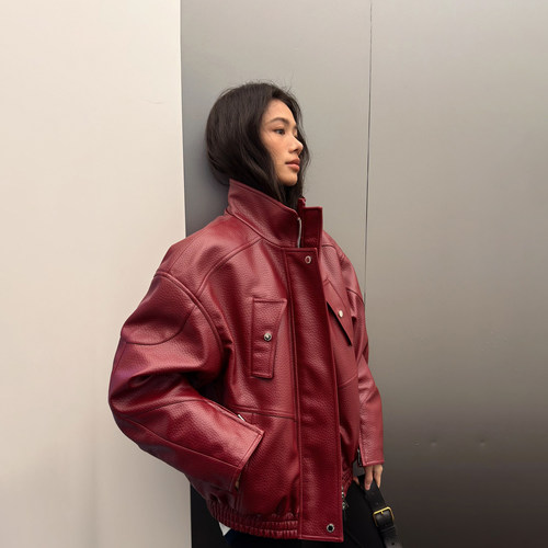 【侯明昊贺峻霖同款】LEDIM WANG仿皮夹克羽绒服女冬鹅绒皮衣外套