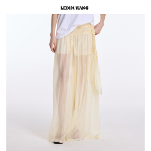 宽松阔腿裤 女淡黄色2026春夏新款 WANG轻风流绪飘带休闲裤 LEDIM
