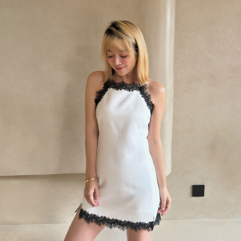 LEDIM WANG蕾丝撞色吊带裙2024春秋新款白色挂脖绝美气质连衣裙女