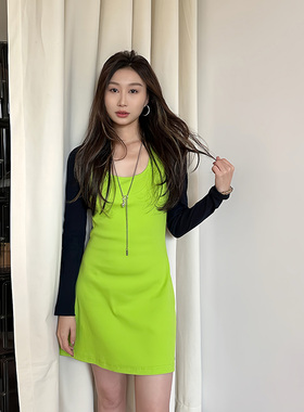 LEDIM WANG黑绿撞色连衣裙女小众设计高级感拼接显瘦针织裙两件套