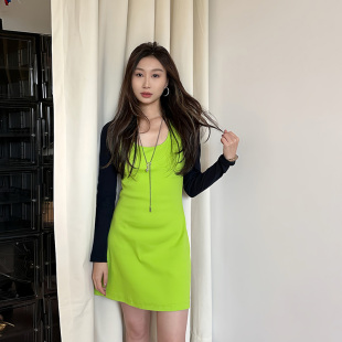 LEDIM WANG黑绿撞色连衣裙女小众设计高级感拼接显瘦针织裙两件套