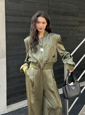 LEDIM WANG垂感醋酸棒球夹克外套女绿色直筒修身百搭2026春夏新款