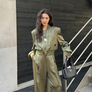 百搭2026春夏新款 LEDIM WANG垂感醋酸棒球夹克外套女绿色直筒修身