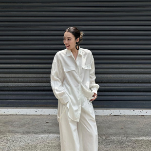 【于文文同款】LEDIM WANG黑标莱赛尔宽松长袖衬衣女25秋白色上衣