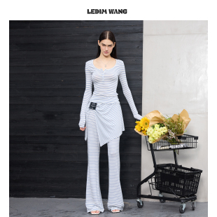 T恤 套装 休闲裤 女修身 LEDIM 2026早春新款 WANG蓝白条纹莱赛尔时尚