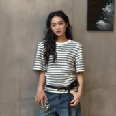 上衣2026春夏新款 LEDIM WANG宽肩T型收腰T恤女灰条纹棉质亲肤短袖