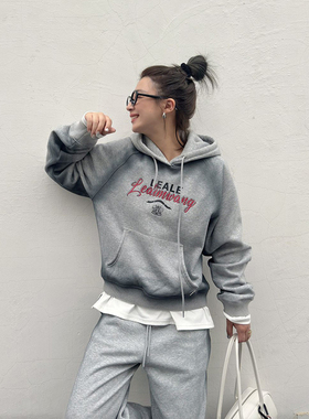 LEDIM WANG美式复古喷绘印花连帽灰色卫衣女休闲宽松2024秋季新款