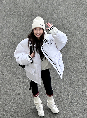 LEDIM WANG美式印花短款羽绒服女冬季新款高级感百搭黑白撞色外套