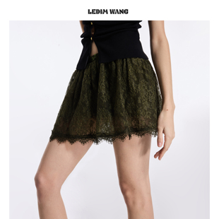 松紧腰军绿色A字短裙 蕾丝半身裙女2026春夏新款 LEDIM WANG法式