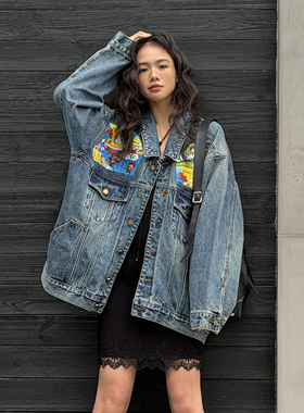 LEDIM WANG复古印花牛仔外套女水洗纯棉长袖夹克翻领2026春季新款