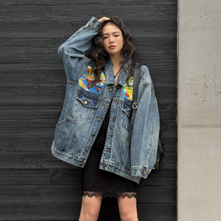 新款 夹克翻领2026春季 WANG复古印花牛仔外套女水洗纯棉长袖 LEDIM