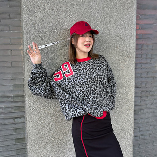 WANG豹纹印花卫衣女25冬美式 LEDIM 纯棉宽松长袖 明星同款