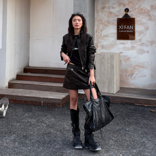 WANG羊皮革真皮时尚 新款 套装 半裙2026春季 女黑色皮衣外套 LEDIM