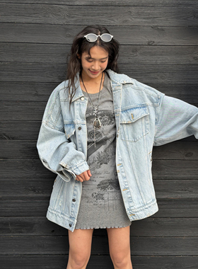 LEDIM WANG复古牛仔外套女天蓝色立体梗长袖宽松休闲2026春季新款