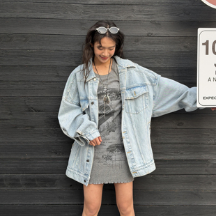 新款 宽松休闲2026春季 WANG复古牛仔外套女天蓝色立体梗长袖 LEDIM