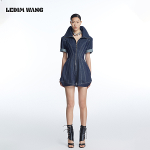 LEDIM WANG 减龄连衣裤牛仔服2023夏季新款翻领收腰显瘦连体裤女