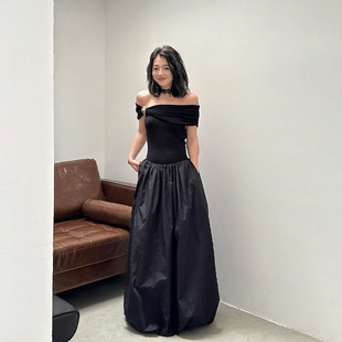 WANG白标 LEDIM 一字肩低腰线花苞连衣裙女夏长裙 明星同款