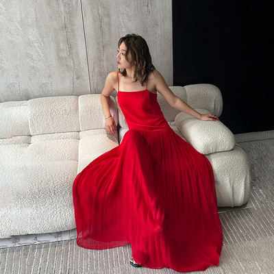 LEDIM WANG红色吊带连衣裙女款超仙气质大摆裙浪漫氛围感抹胸长裙