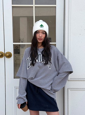 LEDIM WANG美式假两件长袖T恤女灰色字母印花宽松上衣25秋冬新款