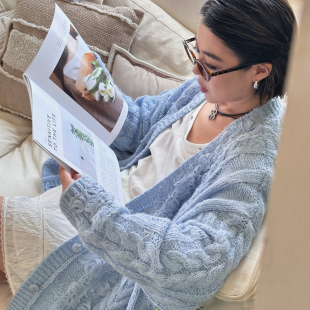 毛衣外套女冰川蓝春季 WANG贴花开衫 LEDIM 新款 明星同款