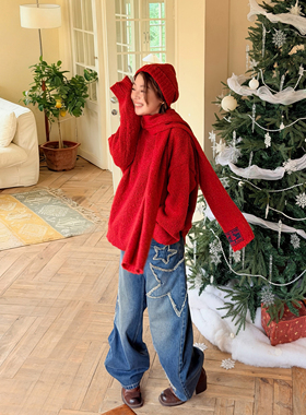 LEDIM WANG红标/复古纱线毛衣三件套女围巾针织帽套装25秋冬新款