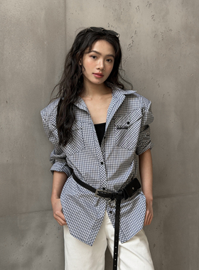 LEDIM WANG廓形格纹长袖衬衫女灰色宽松垫肩短款衬衣2026春夏新款