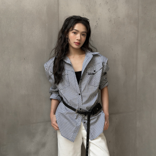 衬衣2026春夏新款 LEDIM 女灰色宽松垫肩短款 衬衫 WANG廓形格纹长袖