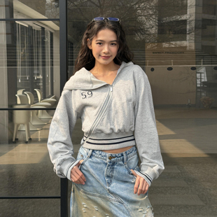 新款 LEDIM 2026春季 修身 WANG收腰连帽卫衣女灰色不对称拉链开衫