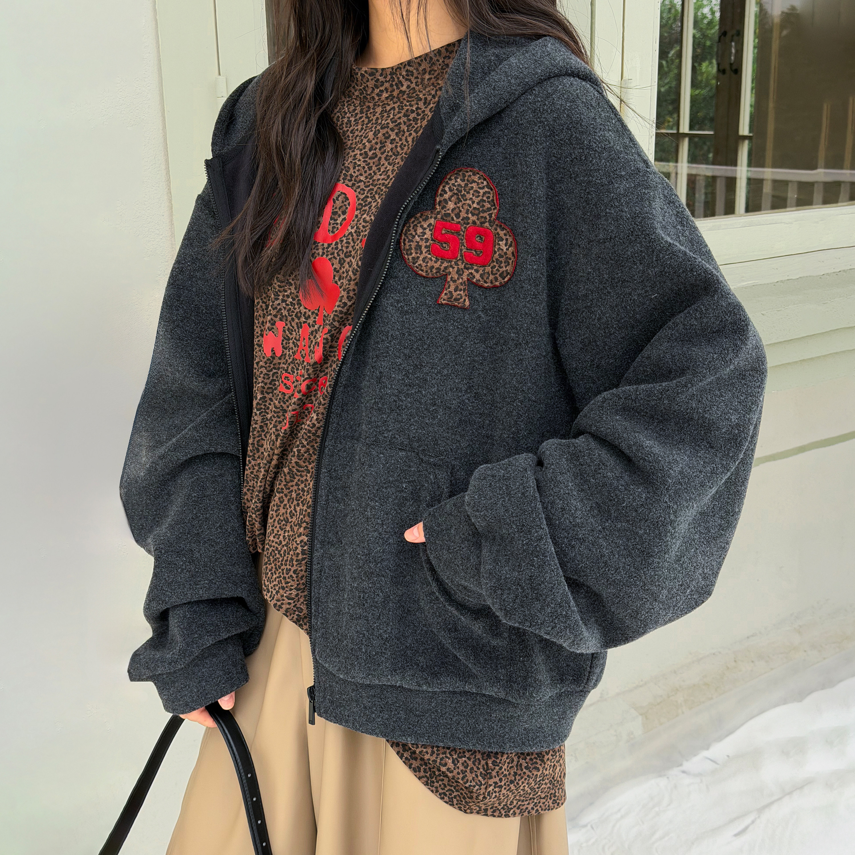 LEDIM WANG石墨灰绒感连帽卫衣女美式宽松长袖百搭上衣25秋冬新款