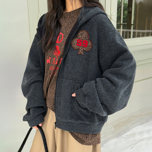 百搭上衣25秋冬新款 宽松长袖 WANG石墨灰绒感连帽卫衣女美式 LEDIM