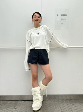 LEDIM WANG毛巾绣纯白T恤女新款宽松长袖简约休闲圆领百搭上衣