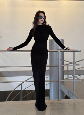 LEDIM WANG莱赛尔木耳边连衣裙女修身长袖黑色长裙2026春季新款