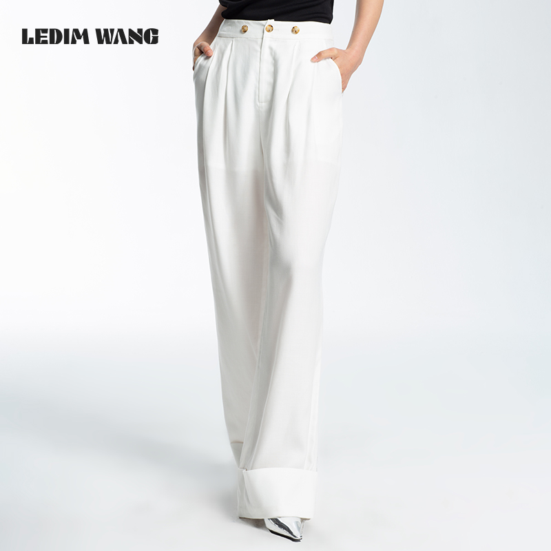 LEDIM WANG白色单肩背带长裤2023夏季新款休闲裤薄款阔腿直筒裤女