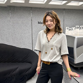 LEDIM 孙千同款 WANG淡人蕾丝V领T恤女拼接花边宽松灰色短袖