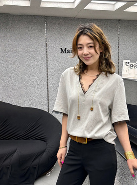 【孙千同款】LEDIM WANG淡人蕾丝V领T恤女拼接花边宽松灰色短袖