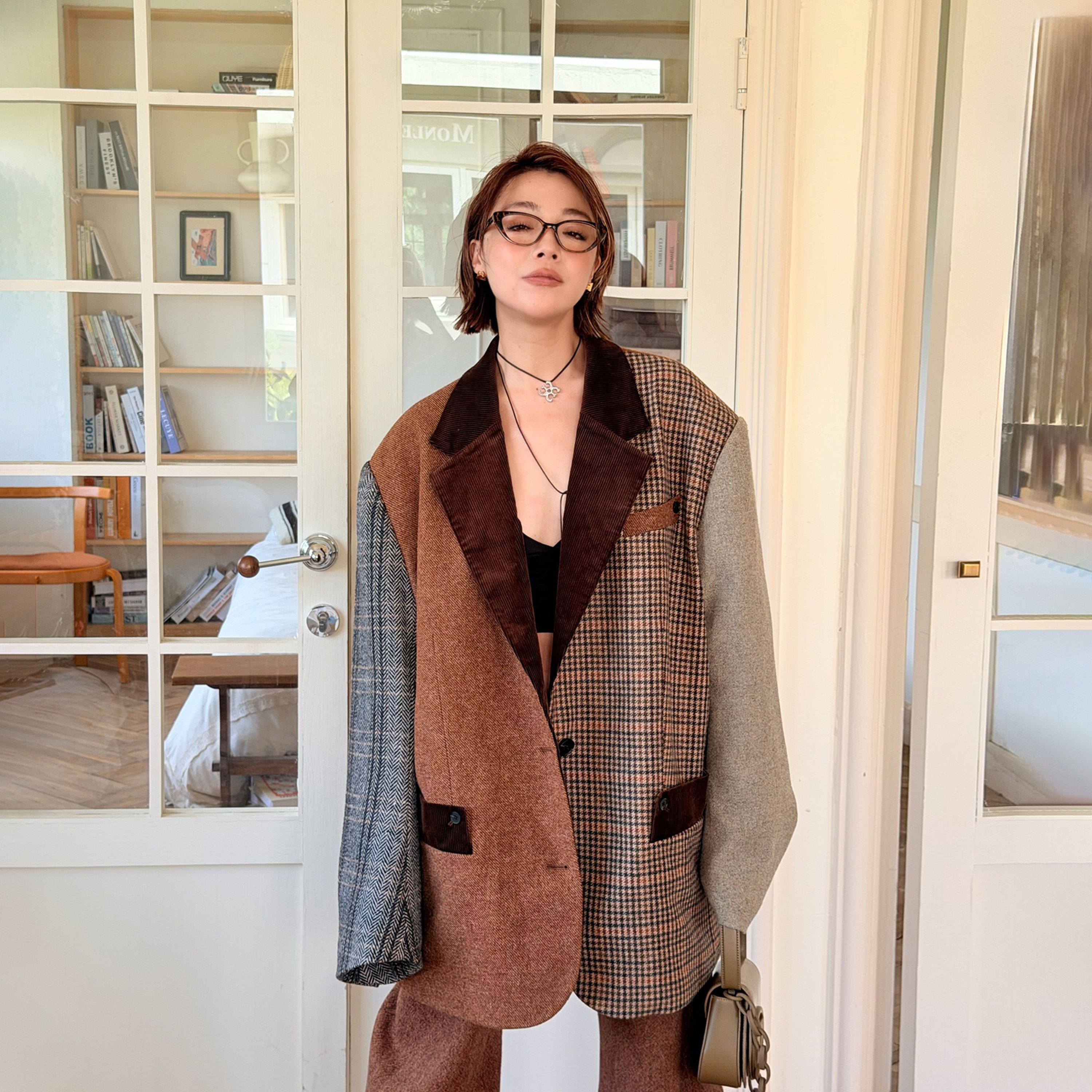 LEDIM WANG白标/几何绵羊毛西装棉服外套女棕色25秋冬新款西服