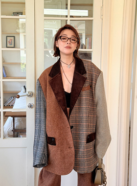 LEDIM WANG白标/几何绵羊毛西装棉服外套女棕色25秋冬新款西服