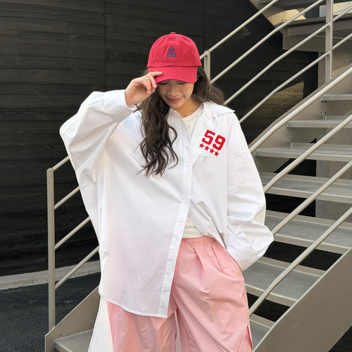 LEDIM WANG印花拖尾长款衬衣女白色长袖薄款防晒衬衫2026春夏新款