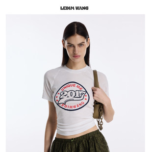 WANG纯棉印花短袖 上衣26春夏新款 T恤女白色插肩袖 薄款 修身 LEDIM