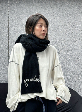 董洁同款LEDIM WANG粗针刺绣针织围脖女冬季新款氛围黑色围巾