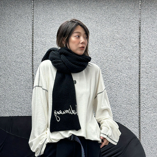 新款 WANG粗针刺绣针织围脖女冬季 LEDIM 氛围黑色围巾 明星同款