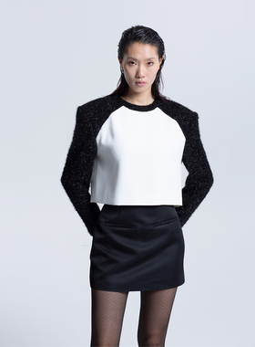 LEDIM WANG  秋季新款亮丝黑白拼接上衣女高端设计感时尚气质百搭
