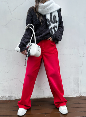 LEDIM WANG复古爵士红直筒牛仔裤女休闲宽松高级感长裤秋季新款