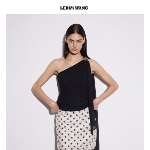 上衣26春新款 薄款 WANG金扣斜肩飘带雪纺吊带背心女黑色修身 LEDIM