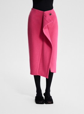 LEDIM WANG玫红色羊毛呢子半身裙2023秋冬新款设计感荷叶开叉半裙