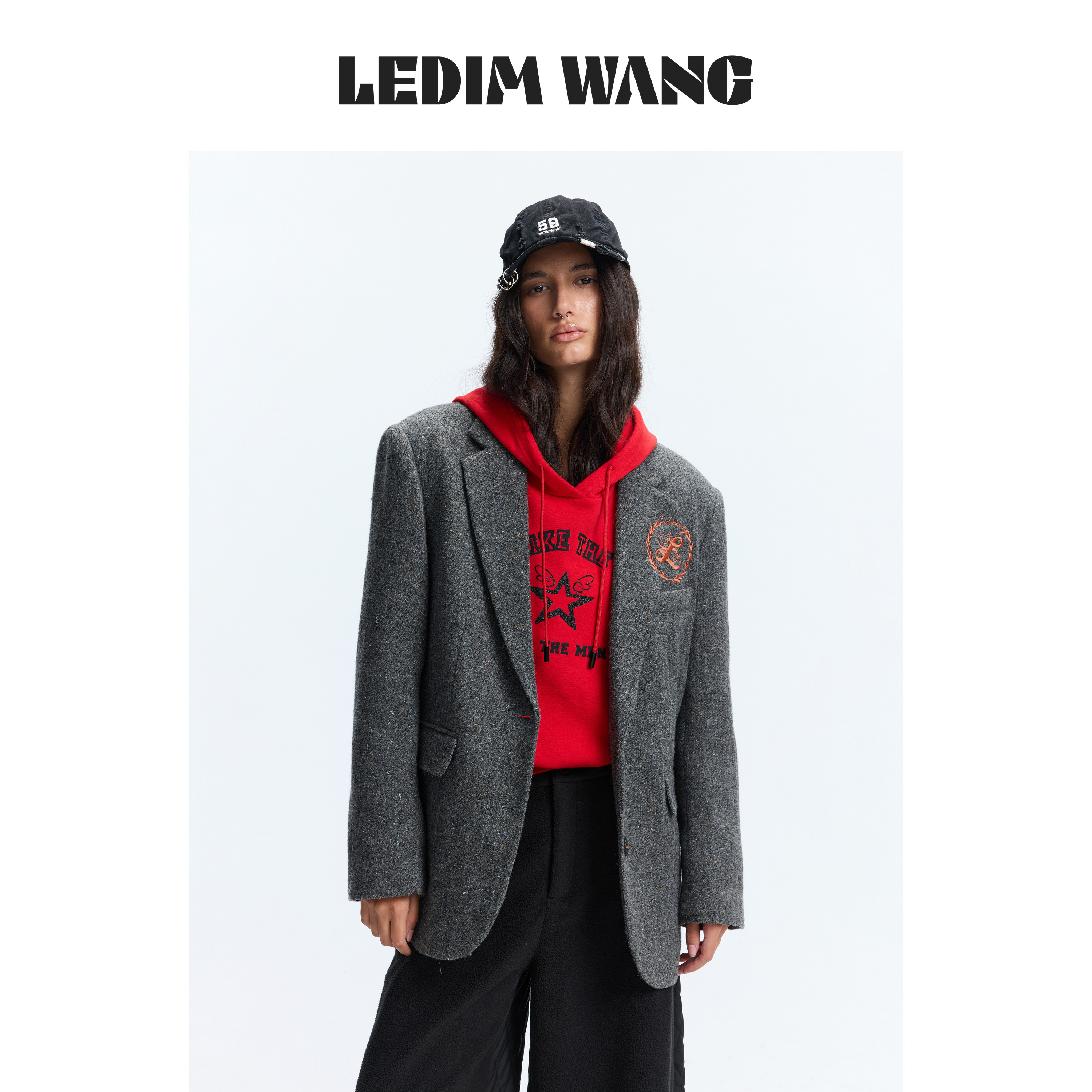 LEDIM WANG气质休闲西服外套女灰色绵羊毛刺绣长袖西装26秋冬新款