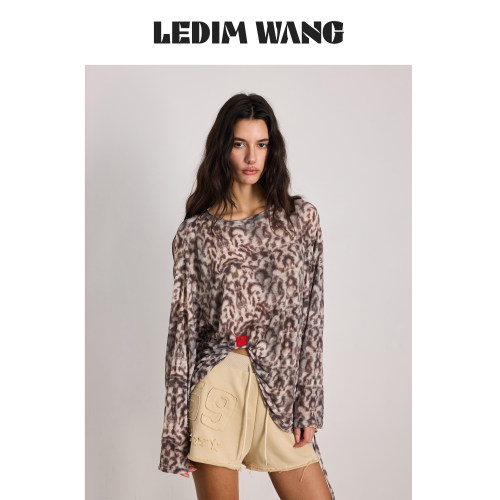 LEDIMWANG捏褶不规则豹纹T恤