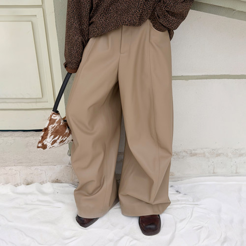 LEDIM WANG立体裁剪PU革皮裤女灰褐色宽松阔腿休闲裤25秋冬新款