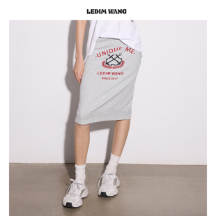 休闲撞色印花直筒半身裙女灰色中裙2026春夏新款 LEDIM WANG美式