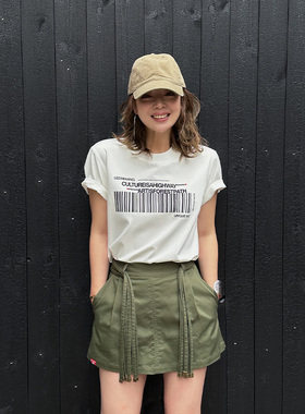 【于文文同款】LEDIM WANG条码印花T恤女夏2025新款百搭白色短袖